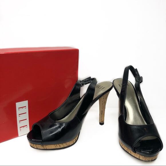 Elle Estella Black Slingback Cork Heels Black Size 7.5 - Picture 1 of 9